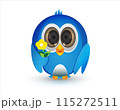 Blue bird with big eye holding flower 115272511