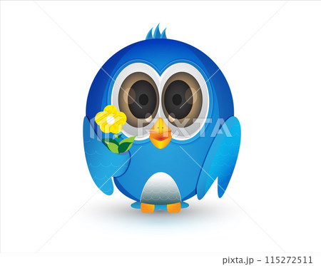 Blue bird with big eye holding flower Blue bird with big eye holding flower 115272511