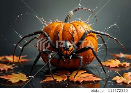 Halloween, black spider with web and big orange pumpkin 115272529