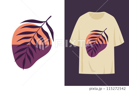 T shirt print design with palm leaf silhouette logo. Botanical palm tree illustration. Vector illustration T shirt print design with palm leaf silhouette logo. Botanical palm tree illustration. Vector illustration 115272542