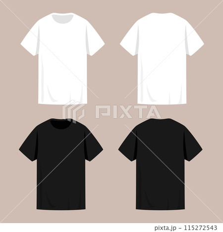 Blank black and white t shirts with short sleeves templates. Front and back view. Vector illustration 115272543