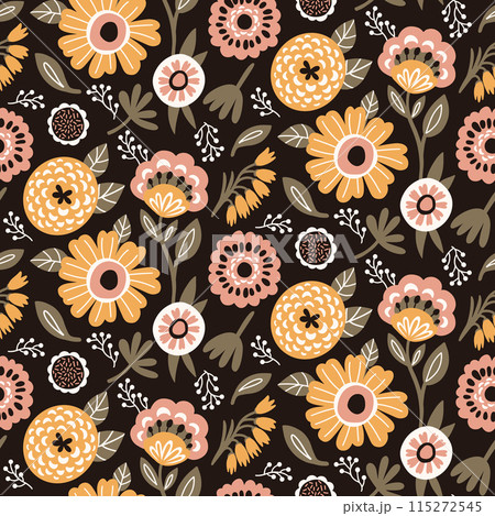Floral Seamless Pattern of Flowers and Leaves in five Colors Yellow, White, Pink Peach on Brown Backdrop, Wallpaper Design is great for Textiles, Papers Prints, Fashion Backgrounds, Beauty Products Floral Seamless Pattern of Flowers and Leaves in five Colors Yellow, White, Pink Peach on Brown Backdrop, Wallpaper Design is great for Textiles, Papers Prints, Fashion Backgrounds, Beauty Products 115272545