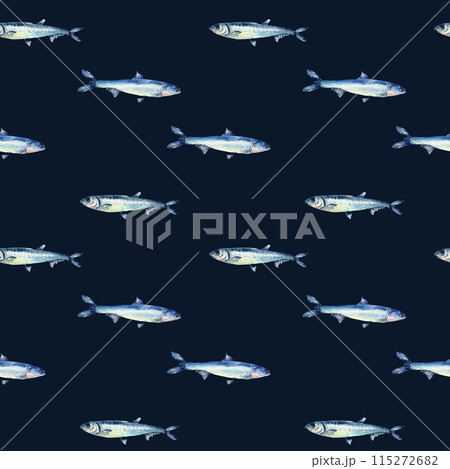 Anchovies small fish on watercolor seamless pattern isolated. Fresh sea fish hand drawn endless background. Sea pattern with fishes. Underwater sea design for package, textile, paper 115272682