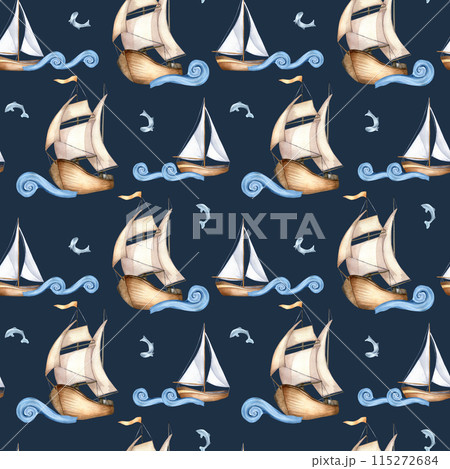 Various Sailboats on cute waves and small fishes hand drawn by seamless pattern. Seafaring design textile in watercolor . Fishes and sailing ships for background. Ocean scene for packaging, print 115272684