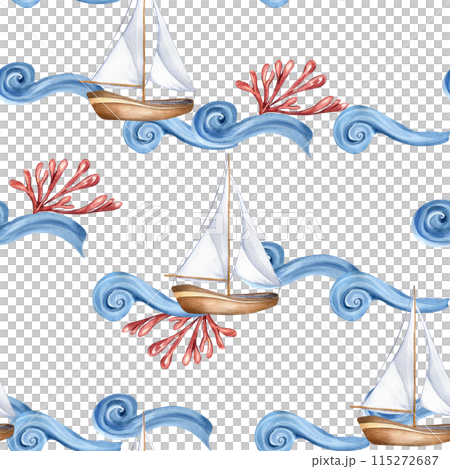 Small sailboats on blue waves with red coral accents in watercolor seamless pattern. Marine design for textile, packaging, cover. Sailing boat in cute style on pattern. Childhood nautical background 115272687