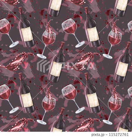 Bright watercolor wine bottle, purple grapes, splashes and stains seamless pattern. Hand drawn illustration, For fabric, textile, kitchenware Bright watercolor wine bottle, purple grapes, splashes and stains seamless pattern. Hand drawn illustration, For fabric, textile, kitchenware 115272761