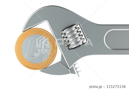 Adjustable wrench with euro coin, 3D rendering Adjustable wrench with euro coin, 3D rendering 115273136