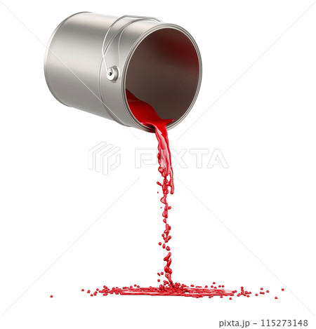 Red paint splashing out of can, 3D rendering 115273148