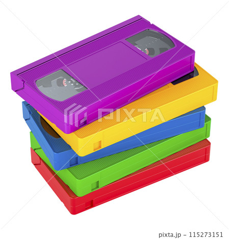 Stack of colored VHS videotapes, 3D rendering 115273151