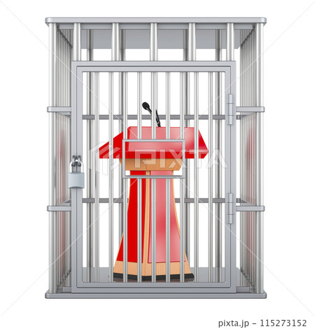 Tribuna with microphone inside cage, prison cell. Political prisoner, concept. 3D rendering Tribuna with microphone inside cage, prison cell. Political prisoner, concept. 3D rendering 115273152