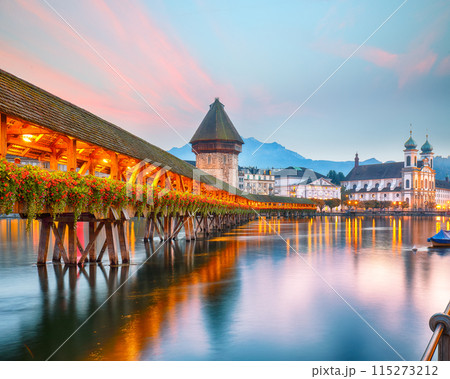 Marvelous historic city center of Lucerne with famous buildings and old wooden Chapel Bridge (Kapellbrucke) Marvelous historic city center of Lucerne with famous buildings and old wooden Chapel Bridge (Kapellbrucke) 115273212