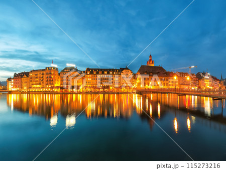 Beautiful historic city center of Lucerne with famous buildings during night.. 115273216