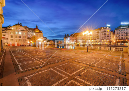 Beautiful historic city center of Lucerne with famous buildings during night.. 115273217