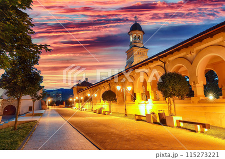 Amazing cityscape with Bell Tower of Orthodox Coronation Cathedral inside fortified Alba Carolina Fortress. Amazing cityscape with Bell Tower of Orthodox Coronation Cathedral inside fortified Alba Carolina Fortress. 115273221