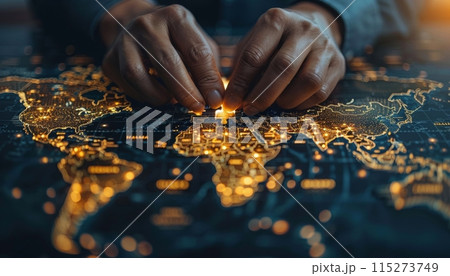 Hands Placing Puzzle Piece on Illuminated World Map 115273749