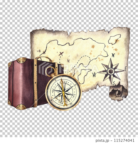 Travel and adventures. A vintage suitcase and an antique treasure map. Watercolor illustration made by hand in retro style. Highlight it. For banners, flyers, posters. For postcards and tickets. Travel and adventures. A vintage suitcase and an antique treasure map. Watercolor illustration made by hand in retro style. Highlight it. For banners, flyers, posters. For postcards and tickets. 115274041