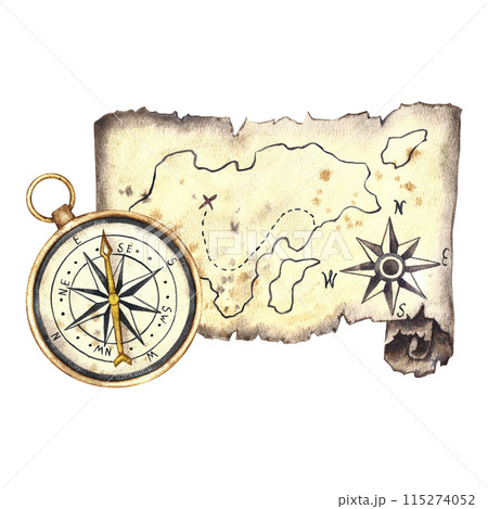 Treasure island. Antique compass and vintage map of the island. Handmade watercolor illustrations. The theme is sea voyages and pirates. For banner, flyer, poster. For printing, sticker and packaging. Treasure island. Antique compass and vintage map of the island. Handmade watercolor illustrations. The theme is sea voyages and pirates. For banner, flyer, poster. For printing, sticker and packaging. 115274052