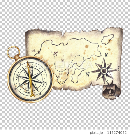Treasure island. Antique compass and vintage map of the island. Handmade watercolor illustrations. The theme is sea voyages and pirates. For banner, flyer, poster. For printing, sticker and packaging. Treasure island. Antique compass and vintage map of the island. Handmade watercolor illustrations. The theme is sea voyages and pirates. For banner, flyer, poster. For printing, sticker and packaging. 115274052
