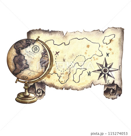 Journey. Vintage globe with an old map of the island. Handmade watercolor illustration. For banners, flyers, posters. For printing, stickers and packaging. 115274053