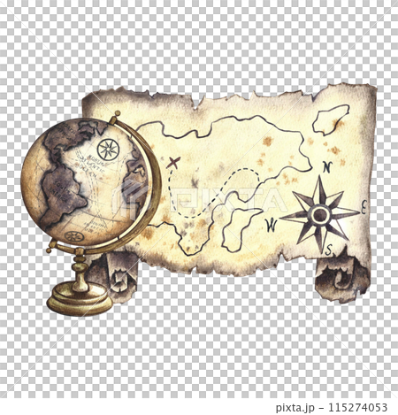 Journey. Vintage globe with an old map of the island. Handmade watercolor illustration. For banners, flyers, posters. For printing, stickers and packaging. 115274053