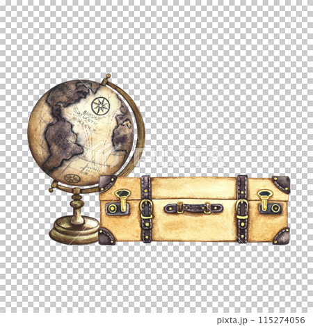 A vintage suitcase and a globe. Travel around the world. A hand-drawn watercolor illustration in retro style. Isolate it. For banners, flyers, posters. For postcards and tickets. 115274056