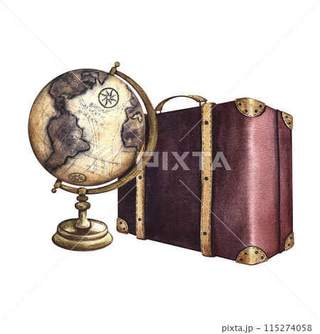 A vintage suitcase and a globe. Travel around the world. A hand-drawn watercolor illustration in retro style. Isolate it. For banners, flyers, posters. For postcards and tickets. A vintage suitcase and a globe. Travel around the world. A hand-drawn watercolor illustration in retro style. Isolate it. For banners, flyers, posters. For postcards and tickets. 115274058