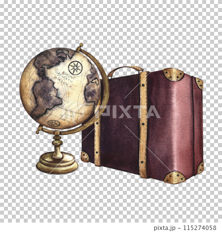 A vintage suitcase and a globe. Travel around the world. A hand-drawn watercolor illustration in retro style. Isolate it. For banners, flyers, posters. For postcards and tickets. A vintage suitcase and a globe. Travel around the world. A hand-drawn watercolor illustration in retro style. Isolate it. For banners, flyers, posters. For postcards and tickets. 115274058