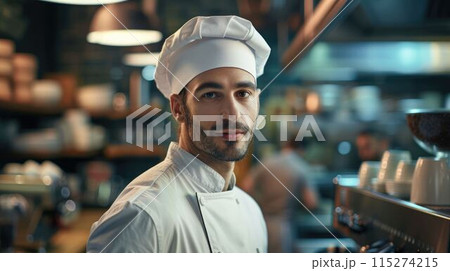 The picture of professional chef working inside kitchen of restaurant. AIG43. 115274215