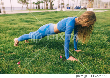 Athletic woman performs plank exercise in the park 115274338