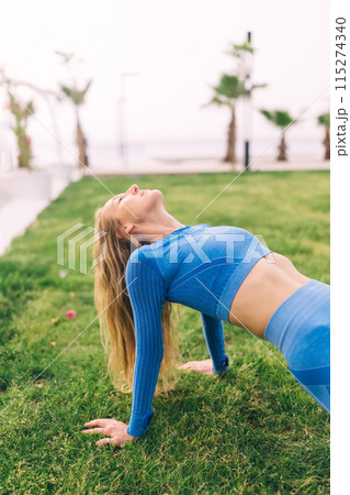 Athletic woman performs reverse plank exercise in the park 115274340