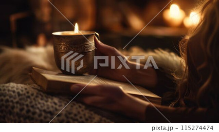 The close up picture of the person holding cup of coffee in living room. AIG43. 115274474