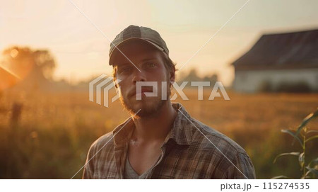 The farmer working in the crop field of the wheat under the dawn or dusk. AIG43. 115274535