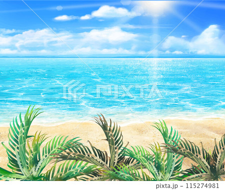 夏の砂浜とボヤけた雲のある青い空とヤシの木と海の美しいリゾートビーチフレームイラスト素材 夏の砂浜とボヤけた雲のある青い空とヤシの木と海の美しいリゾートビーチフレームイラスト素材 115274981