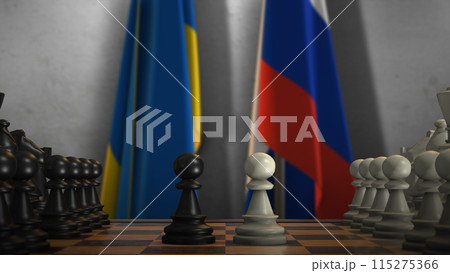 Ukraine and Russia National Flags with Chess Game 3D Illustration. Politics Concept, Government Conflict Ukraine and Russia National Flags with Chess Game 3D Illustration. Politics Concept, Government Conflict 115275366