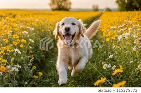 Golden Retriever Puppy Running in a Flower Field 115275372