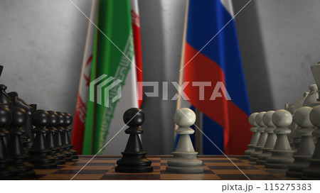 Iran and Russia National Flags with Chess Game 3D Illustration. Politics Concept, Government Conflict 115275383