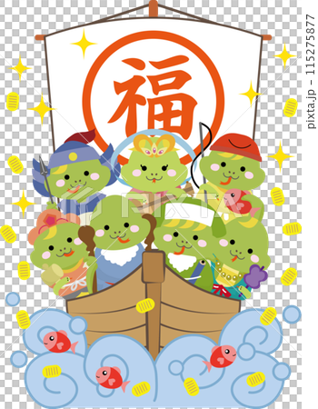 宝船に乗っているヘビの七福神たち 115275877