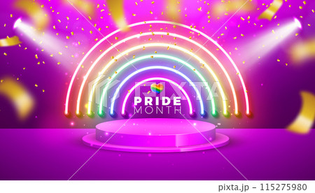 Pride Month LGBTQ Illustration with Glowing Rainbow Neon Light and Podium on Falling Confetti Background. Be Kind Vector LGBT Event Banner Design for Postcard, Banner, Greeting Card, Flyer, Invitation Pride Month LGBTQ Illustration with Glowing Rainbow Neon Light and Podium on Falling Confetti Background. Be Kind Vector LGBT Event Banner Design for Postcard, Banner, Greeting Card, Flyer, Invitation 115275980