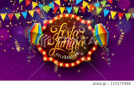 Festa Junina Illustration with Light Bulb Garland, Colorful Paper Lantern and Typography Letter on Purple Night Background. Vector Festa de Sao Joao Brazilian June Traditional Holiday Festival Design 115275988
