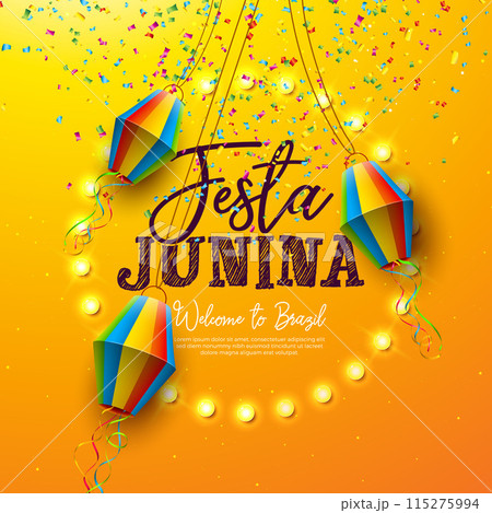 Festa Junina Celebration Banner Illustration with Paper Lantern, Party Flags and Light Bulb Billboard on Yellow Background. Vector Brazil June Sao Joao Festival Design for Greeting Card, Invitation 115275994