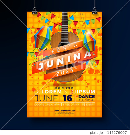 Festa Junina Party Flyer Design with Guitar, Party Flags, Paper Lantern and Typography Lettering on Yellow Checkered Background. Vector Brazil June Festival Illustration for Celebration Poster or 115276007