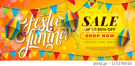 Festa Junina Sale Promotional Business Illustration with Paper Lantern, Party Flag and Typography Letter on Yellow Background. Vector Festa de Sao Joao Special Offer Illustration for Coupon, Voucher 115276010