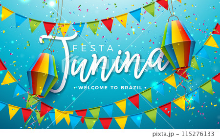 Festa Junina Illustration with Party Flags and Paper Lantern on Blue Cloudy Background. Vector Brazil June Traditional Holiday Festival Design for Celebration Banner, Greeting Card, Invitation or 115276133