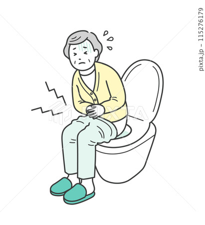 下痢や便秘による腹痛でトイレに篭り苦しむ高齢女性のイラスト 115276179