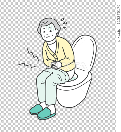 一名老年婦女因腹瀉或便秘而腹痛被困在廁所裡的插圖 115276179