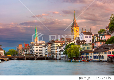 Evening View of Grossmunster and Limmat River in Zurich, Switzerland 115276419