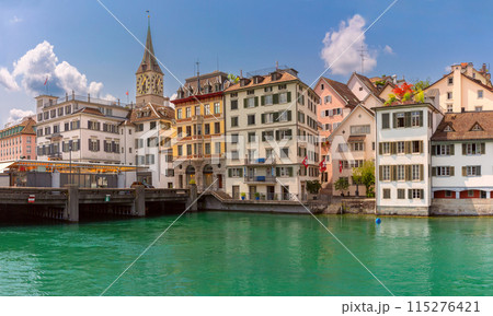 Evening View of Grossmunster and Limmat River in Zurich, Switzerland Evening View of Grossmunster and Limmat River in Zurich, Switzerland 115276421
