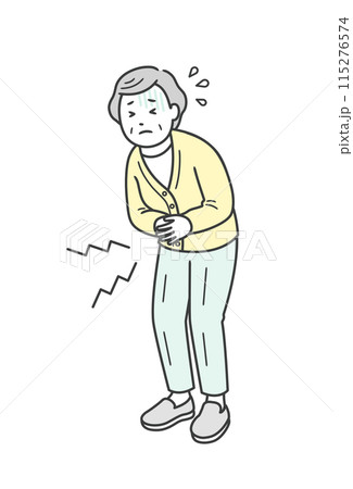 腹痛でお腹を押さえて苦しむ高齢女性のイラスト 115276574
