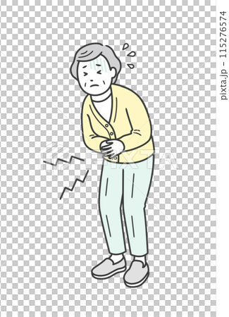 腹痛でお腹を押さえて苦しむ高齢女性のイラスト 115276574