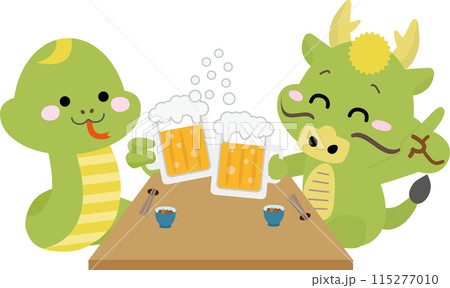忘年会、新年会などの宴会でビールで乾杯する蛇と龍 忘年会、新年会などの宴会でビールで乾杯する蛇と龍 115277010
